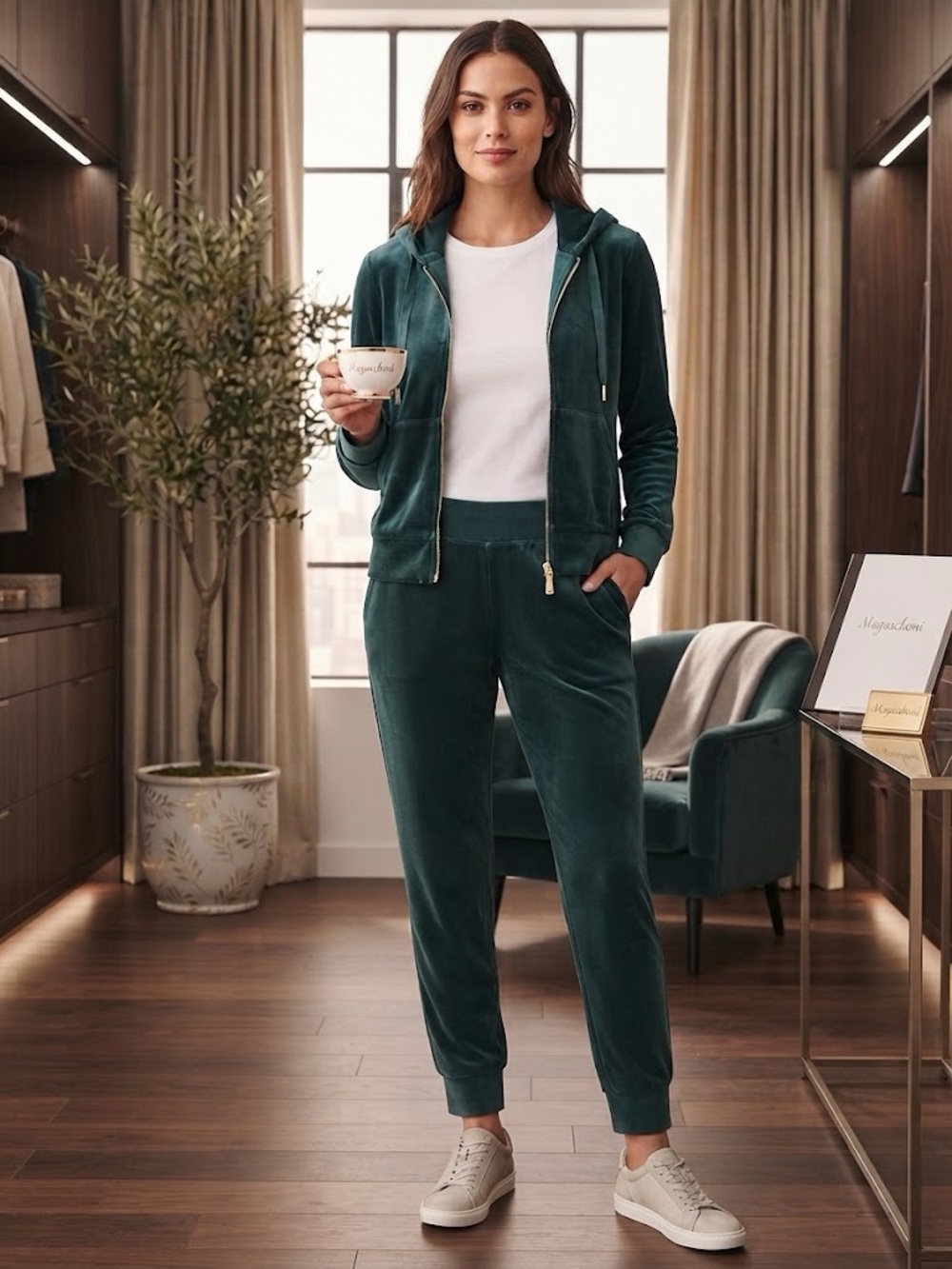 Magaschoni Forest Green Velour Zip Hoodie & Jogger Set